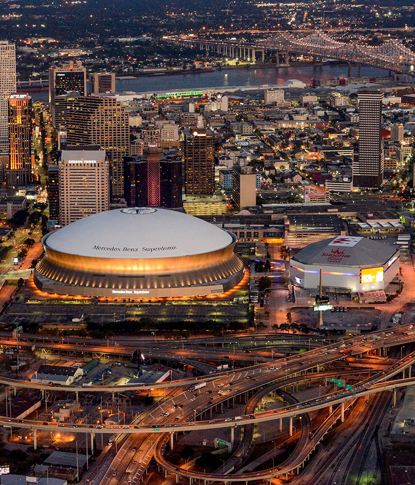The Orleans Parish lights up at night in downtown New Orleans