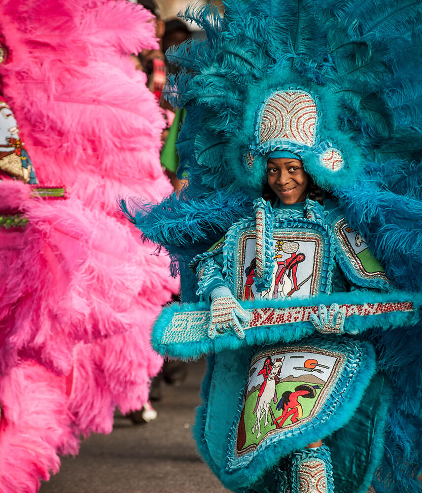 A Mardi Gras parade member
