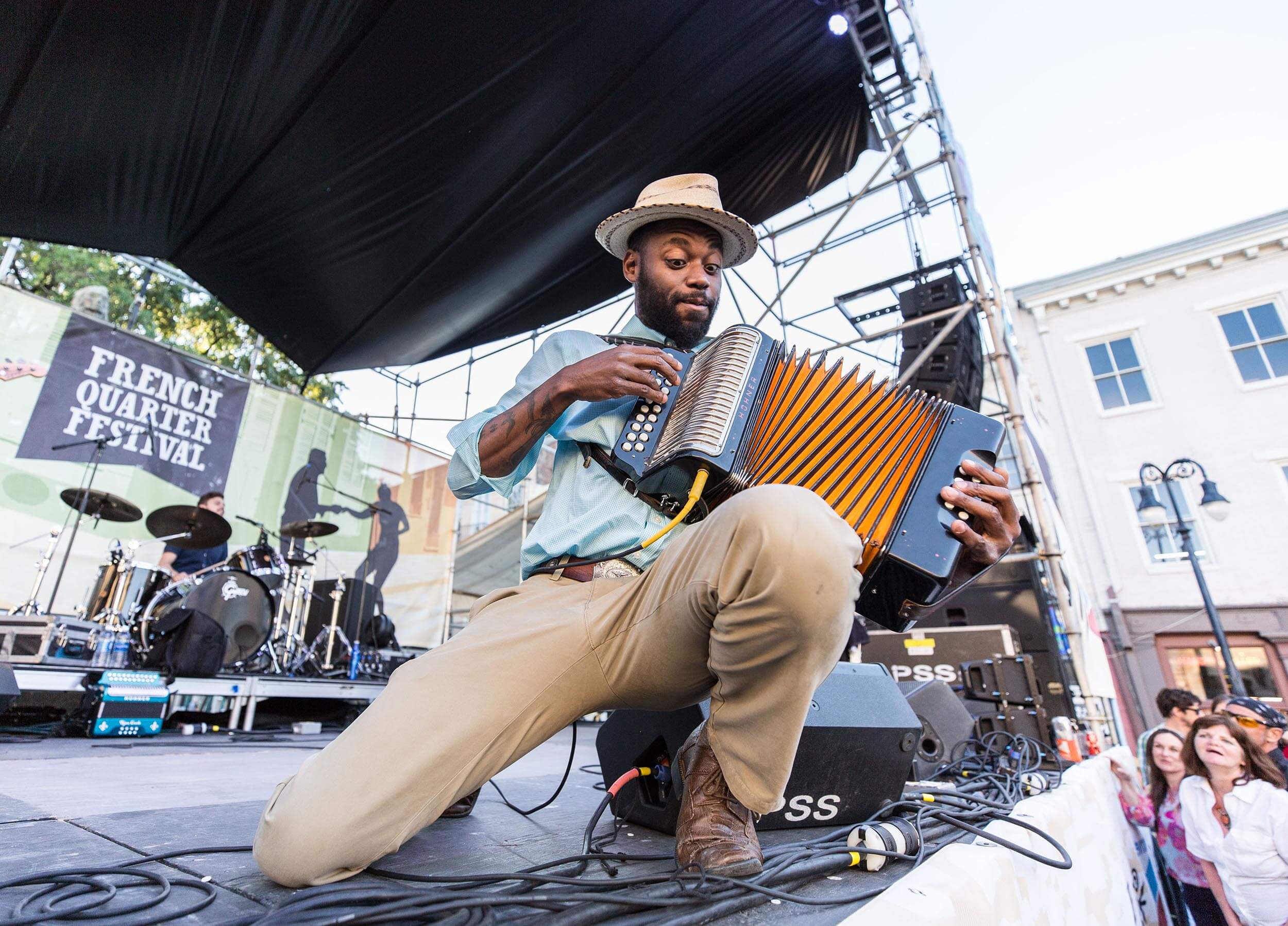 Close-up of man playing the accordian at the French Quarter Festival